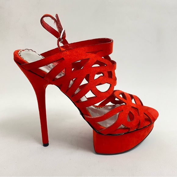 BEBE Red Platform Heeled Sandals Pumps 7 M Open Toe Ankle Strap Heels Stiletto - Picture 5 of 14